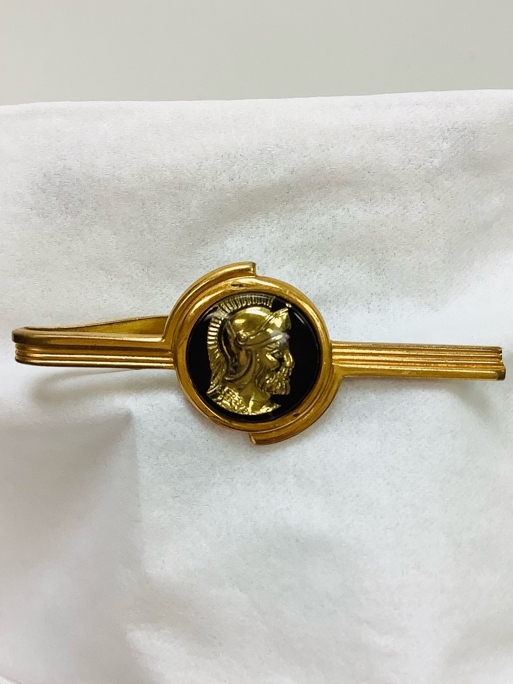HICKOK U.S.A. Vintage Gold tone Cameo Roman Soldier Glass Tie Bar Statement Clip